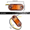 A close-up view of an amber LED warning light assembly for trucks and trailers, showing its dimensions and wiring.