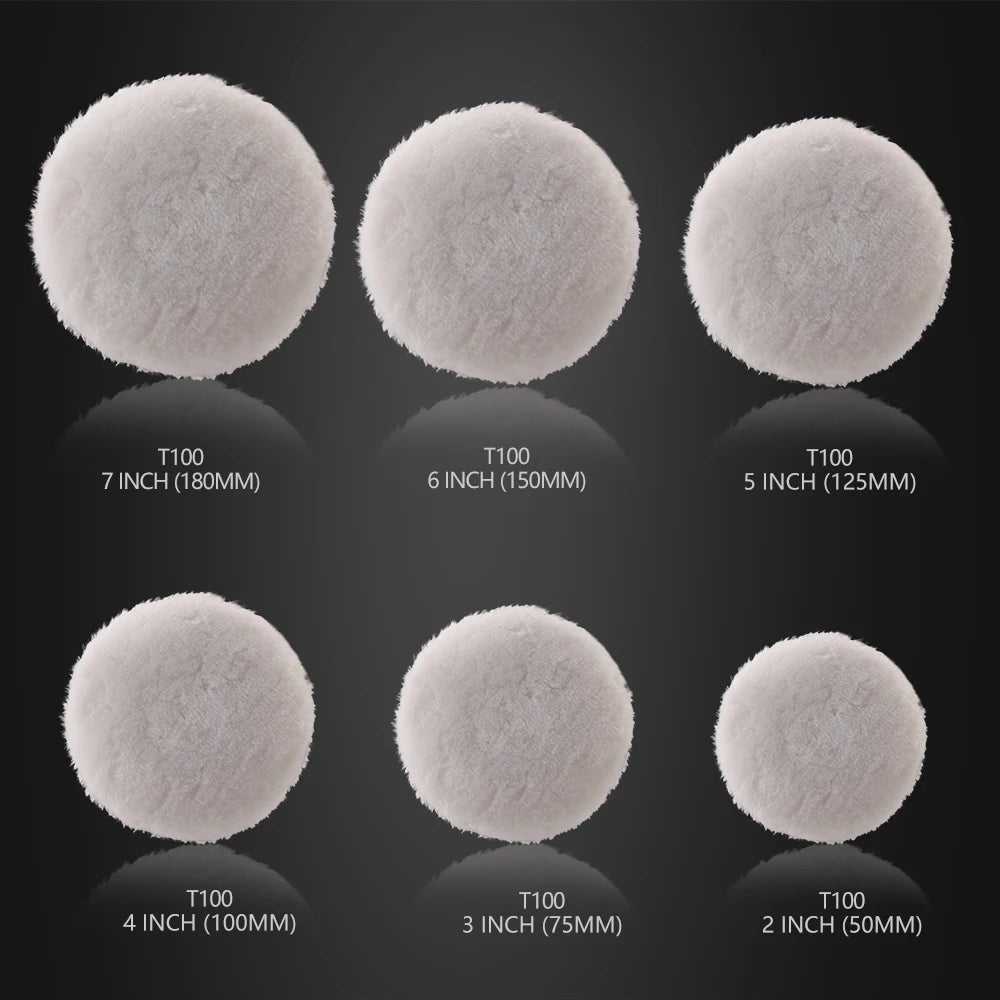 A set of ten adjustable wool polishing pads for car buffing shown in various sizes and thicknesses.