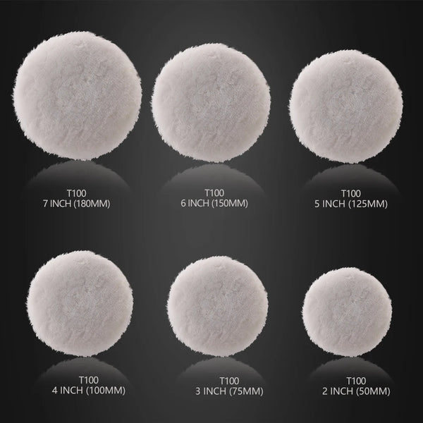 A set of ten adjustable wool polishing pads for car buffing shown in various sizes and thicknesses.
