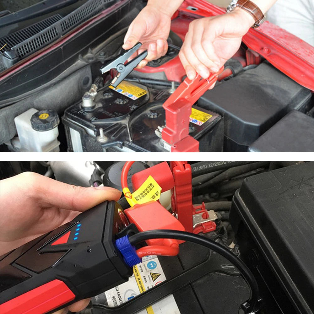 A hand is using a red jump starter cable to connect a battery, demonstrating the use of a universal battery jump starter cabl