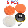 A set of five orange polishing sponges, a black rotating disc, and a metal screw for car detailing.