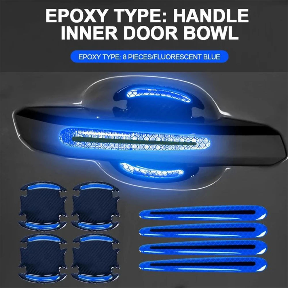 Set of eight fluorescent blue epoxy type door bowl stickers for car door handle protection