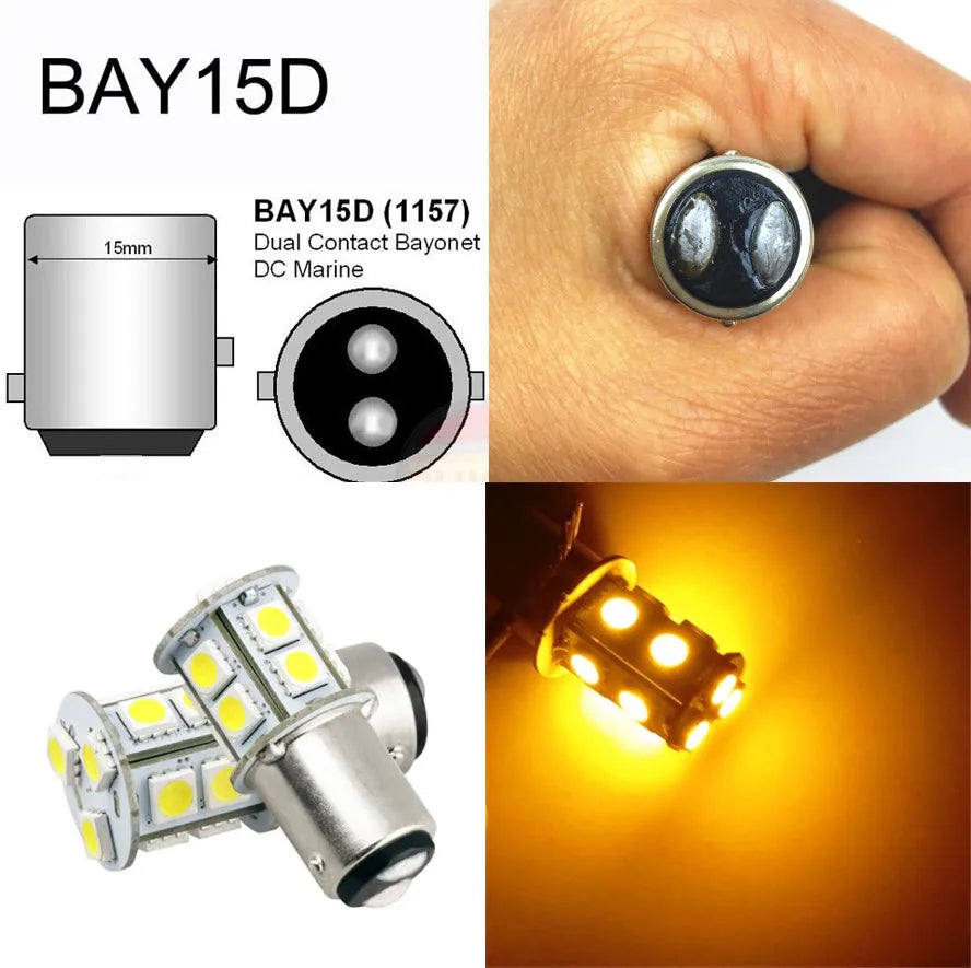 Vista cercana de una bombilla de bayoneta doble BAY15D para mar y una bombilla indicadora LED.