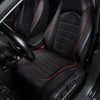 Black faux leather car seat covers with red stitching on a front and split bench seat.