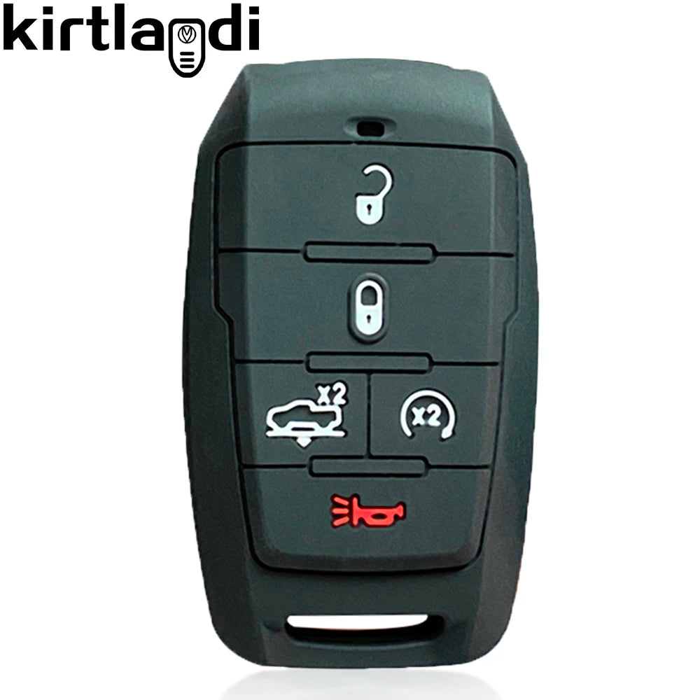 A black silicone key fob cover for a Dodge Ram 1500/2500/TRX vehicle.