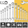 A set of flexible pivoting head ratchet wrenches in various sizes, including 8mm to 19mm, shown next to a large wrench and re