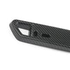 A black carbon fiber adjustable universal car license plate holder with a rectangular opening.