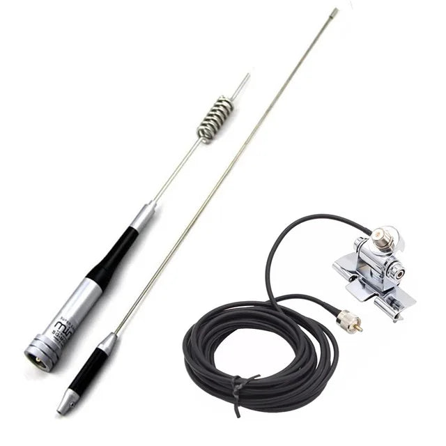 Antenne mobile double bande avec fil flexible et pince de montage.