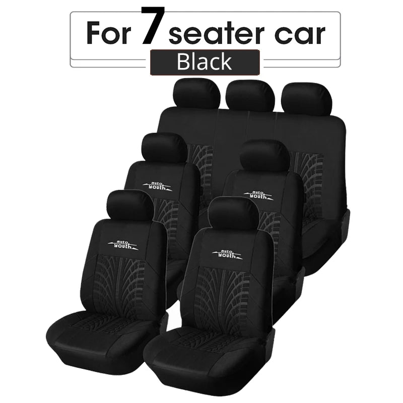 Black universal car seat covers set for a 7-seater car.