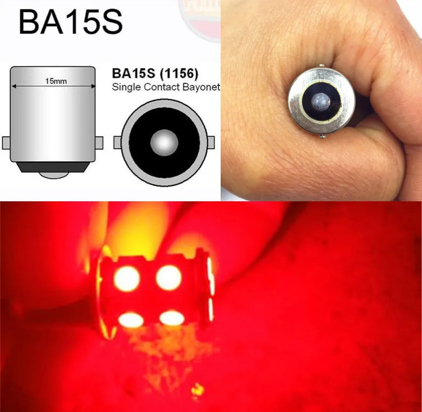 Diagramas y fotos de cerca del bulbo de bayoneta de un solo compartimento BA15S y su iluminación.