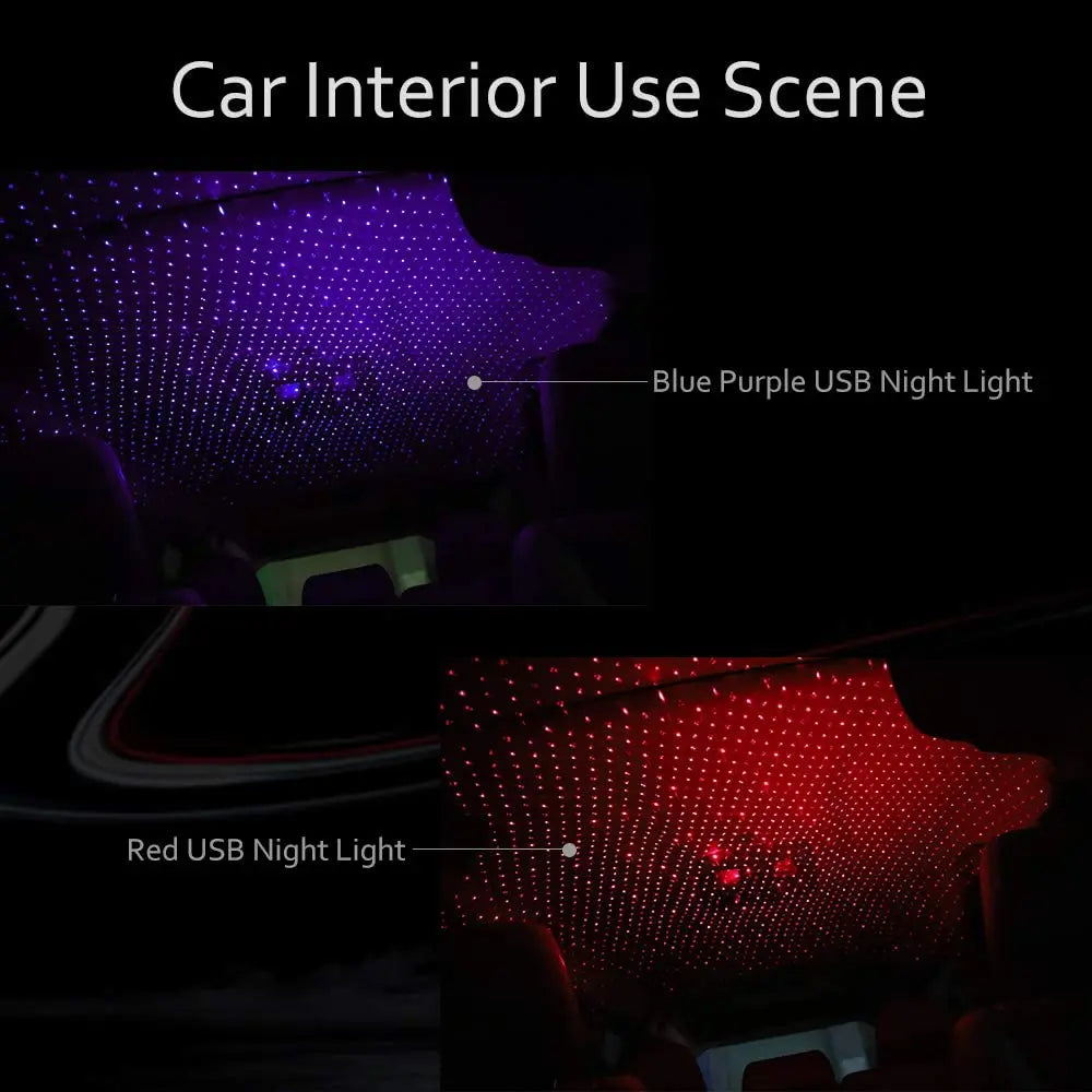 Intérieur de voiture avec des lumières USB bleues, violettes et rouges illuminant l'habitacle