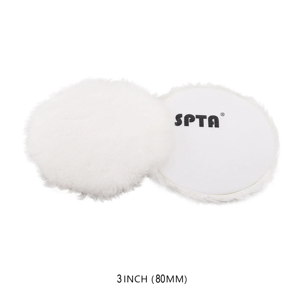 A white, fluffy wool polishing pad with the SPTA logo on the side.