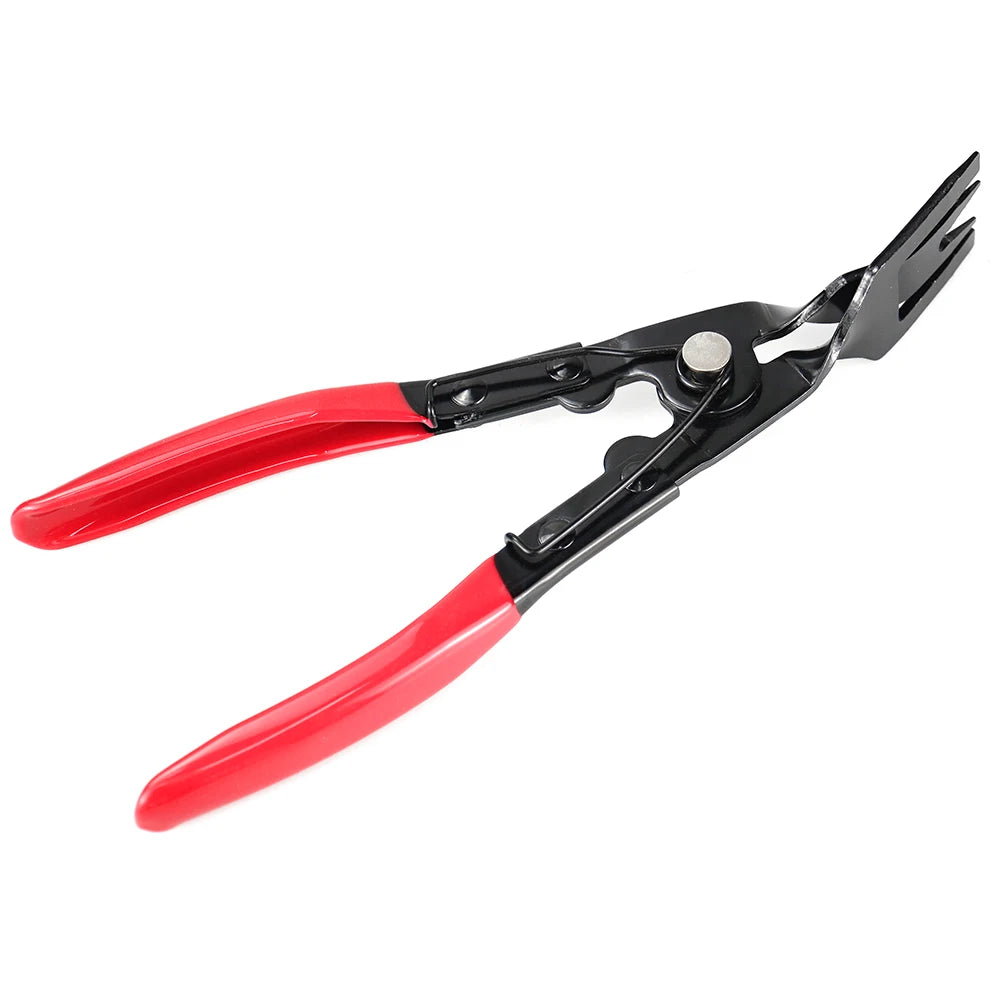 A pair of red and black car trim clip removal pliers.