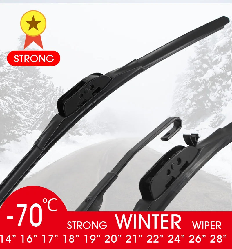 A set of strong winter wiper blades with various sizes shown against a snowy background.