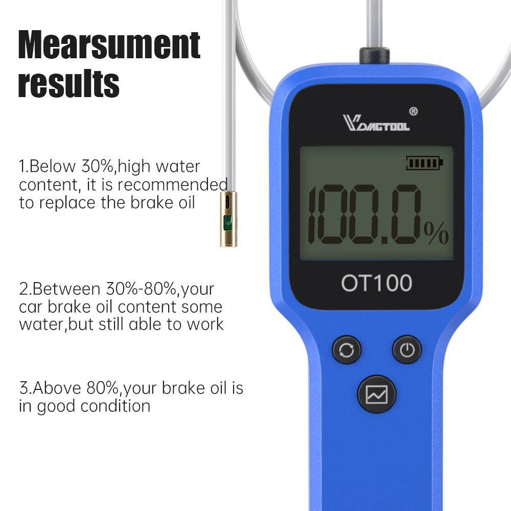 Un appareil de test de liquide de frein bleu affichant 100,0 % de contenu en huile de frein.
