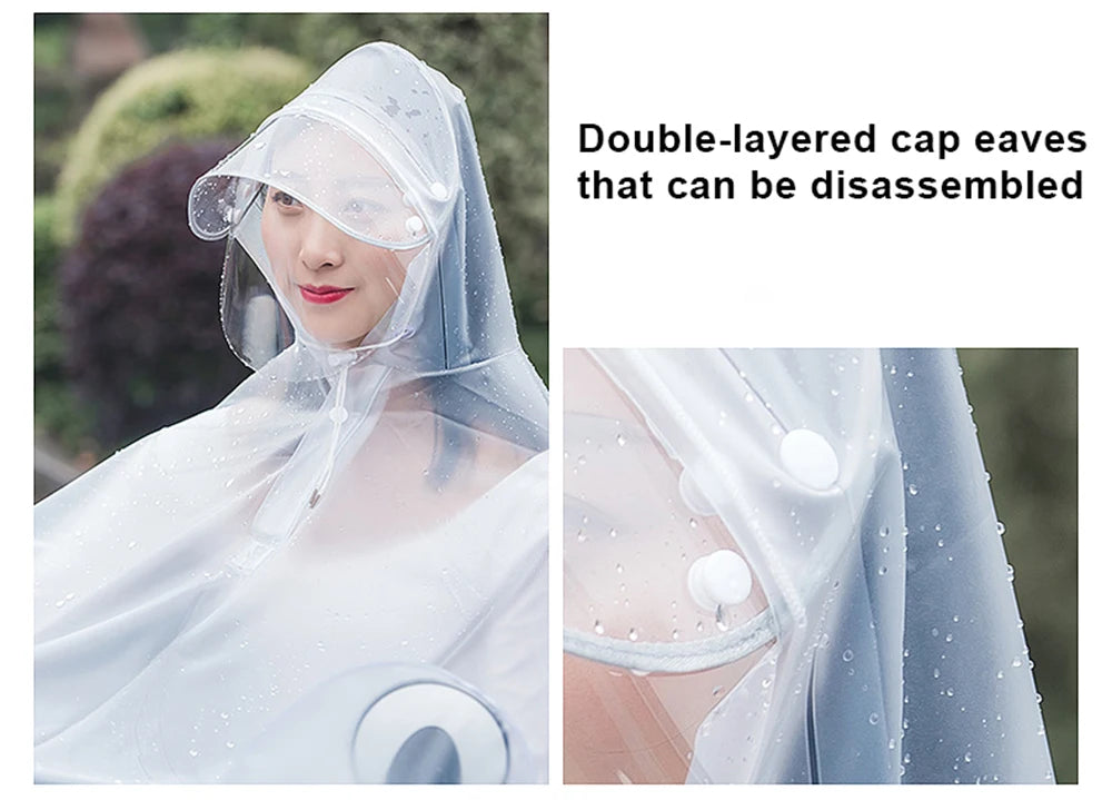 Double-layered transparent windproof motorcycle rain poncho with detachable cap eaves