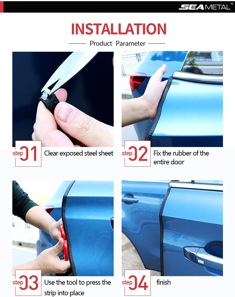Installation steps showing how to fit a rubber trim piece onto a car door edge.