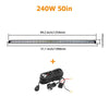 A long LED light bar with a 50-inch length and 240W power, shown alongside its electrical connector.
