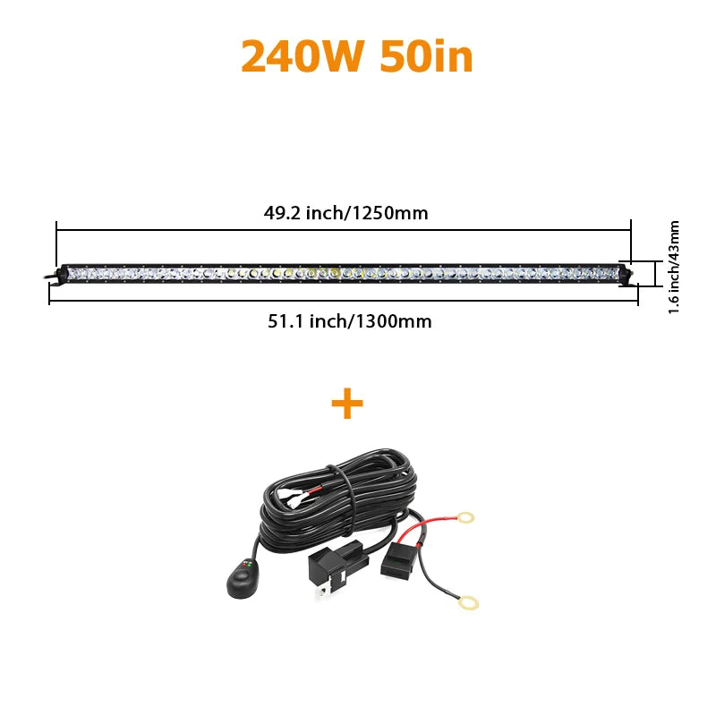 A long LED light bar with a 50-inch length and 240W power, shown alongside its electrical connector.