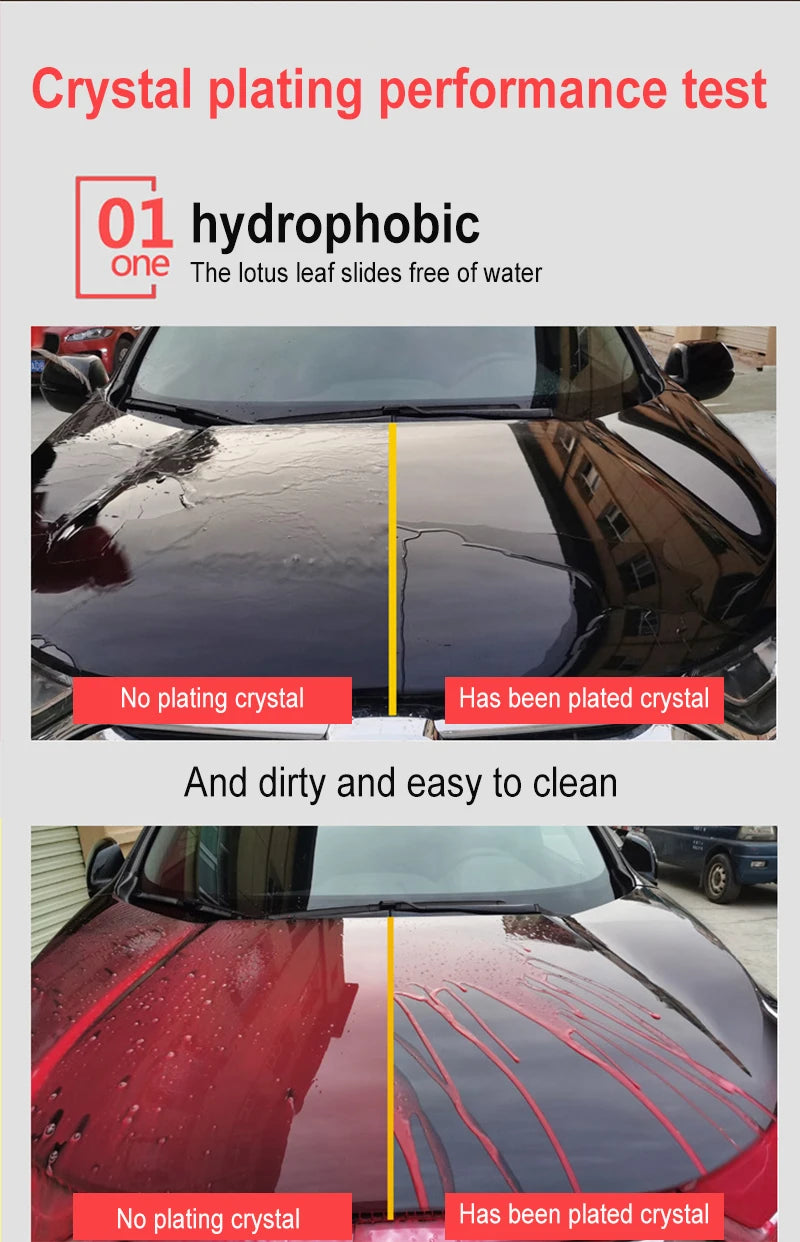 Comparison showing hydrophobic crystal plating performance on a car window, demonstrating the difference between plated and u