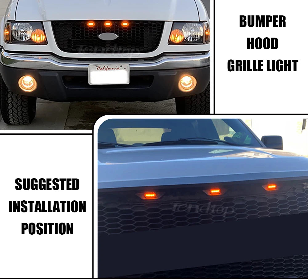 Close-up of a truck bumper with an installed LED light, showing the suggested installation position for a front grille marker