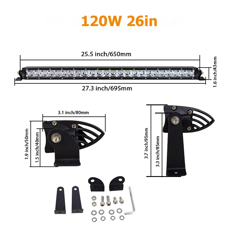 LED light bar with 120W power and 26-inch length, showing various mounting brackets and hardware.
