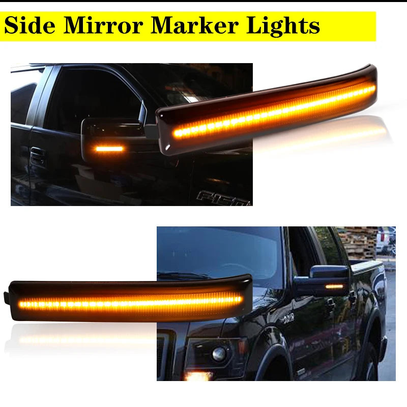 Amber LED side mirror marker lights installed on a black pickup truck.