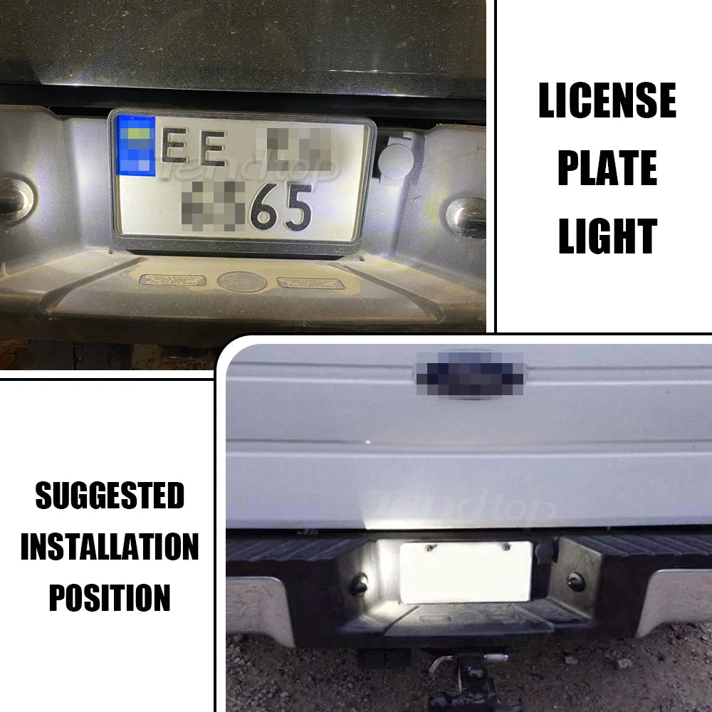 Close-up of an LED license plate light installed on a Ford truck, showing the light and mounting bracket.