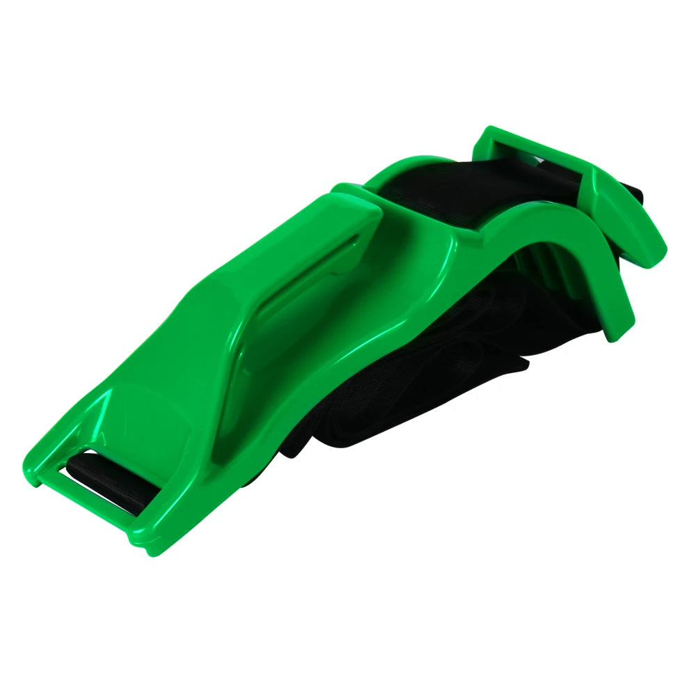 A bright green adjustable car seat belt designed for pregnancy comfort.