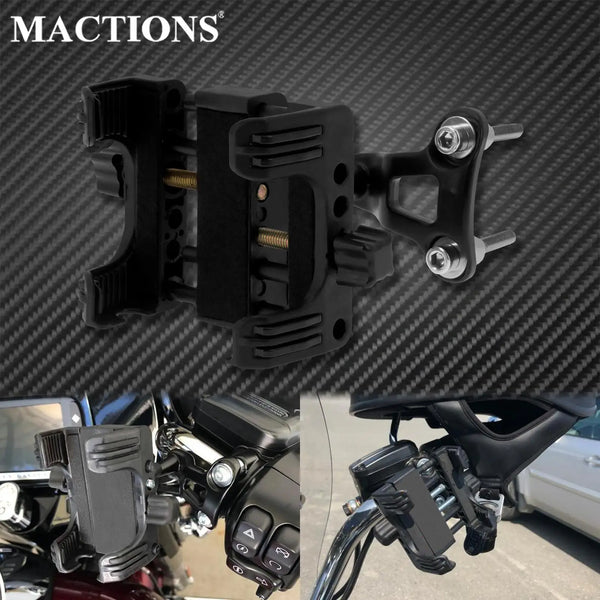 Black universal motorcycle cell phone mount designed for Harley touring bikes