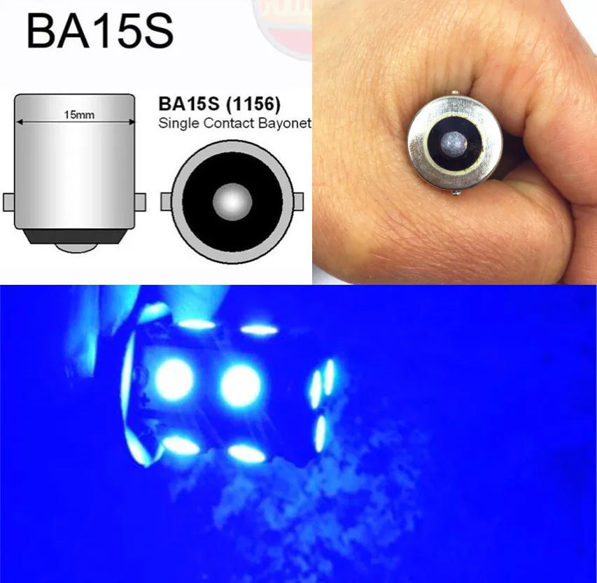 Vista cercana de una bombilla bayoneta de contacto único BA15S y un indicador LED iluminado.