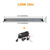 A long LED light bar with a 25.5 inch length and 1.6 inch thickness, shown with its electrical connector wires.