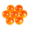 Un juego de ocho manetas de palanca brillantes y naranjas con detalles en estrella roja.