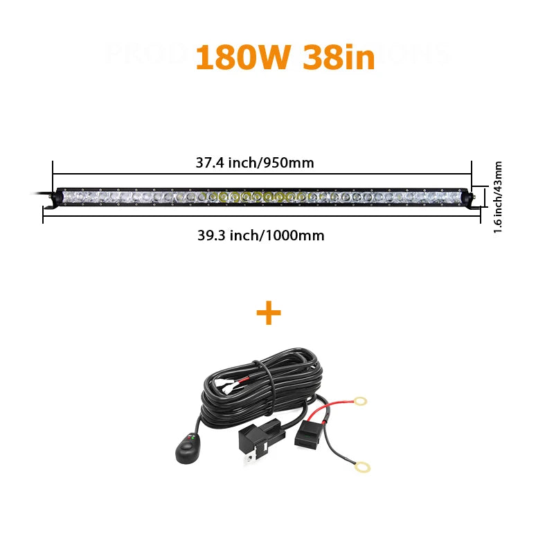 An LED light bar with a 180W power rating and 38-inch length, shown alongside its electrical connector.