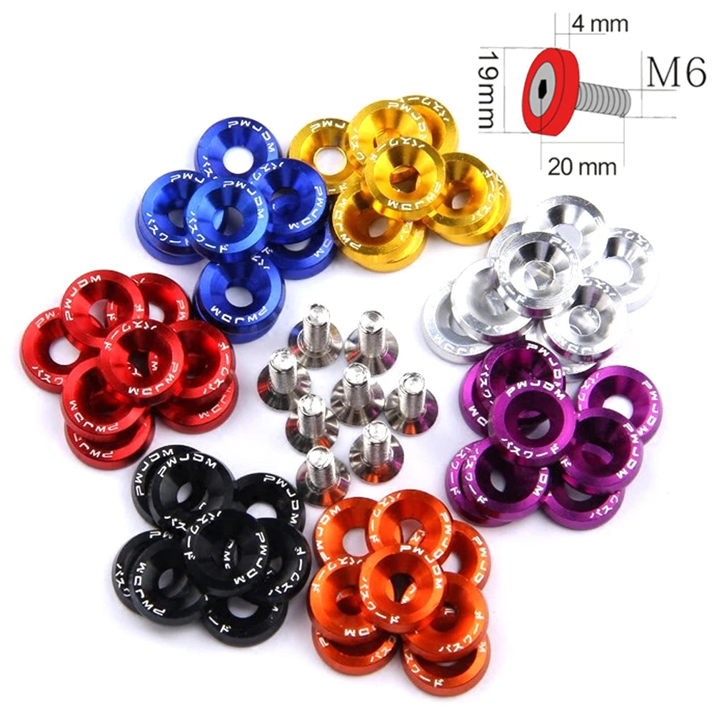 A collection of anodized aluminum fender and bumper hardware including various sized rings and bolts.