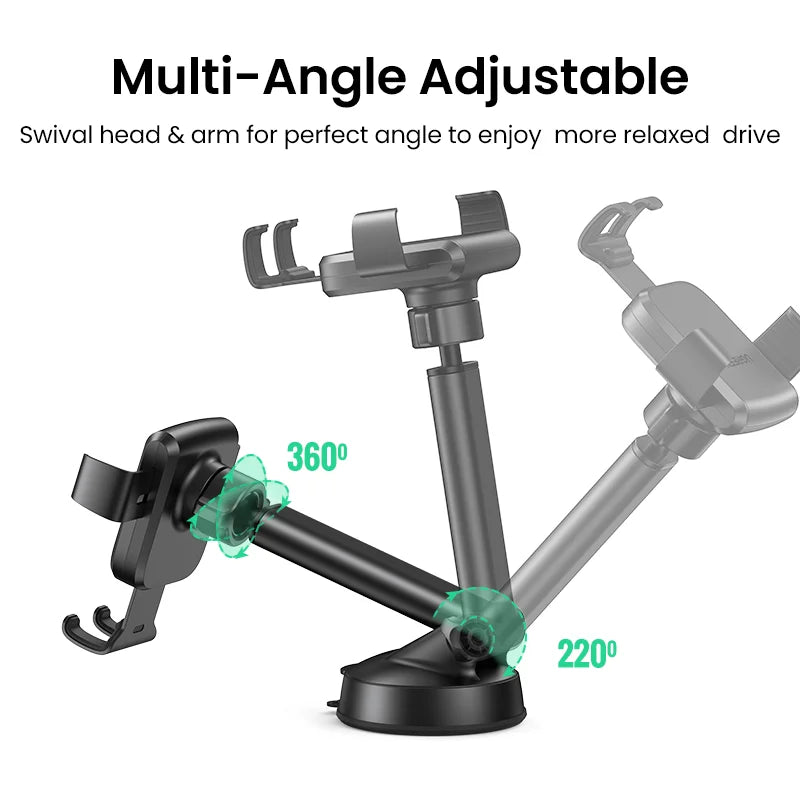 Support de téléphone voiture ajustable multi-angles avec tête et bras pivotants.