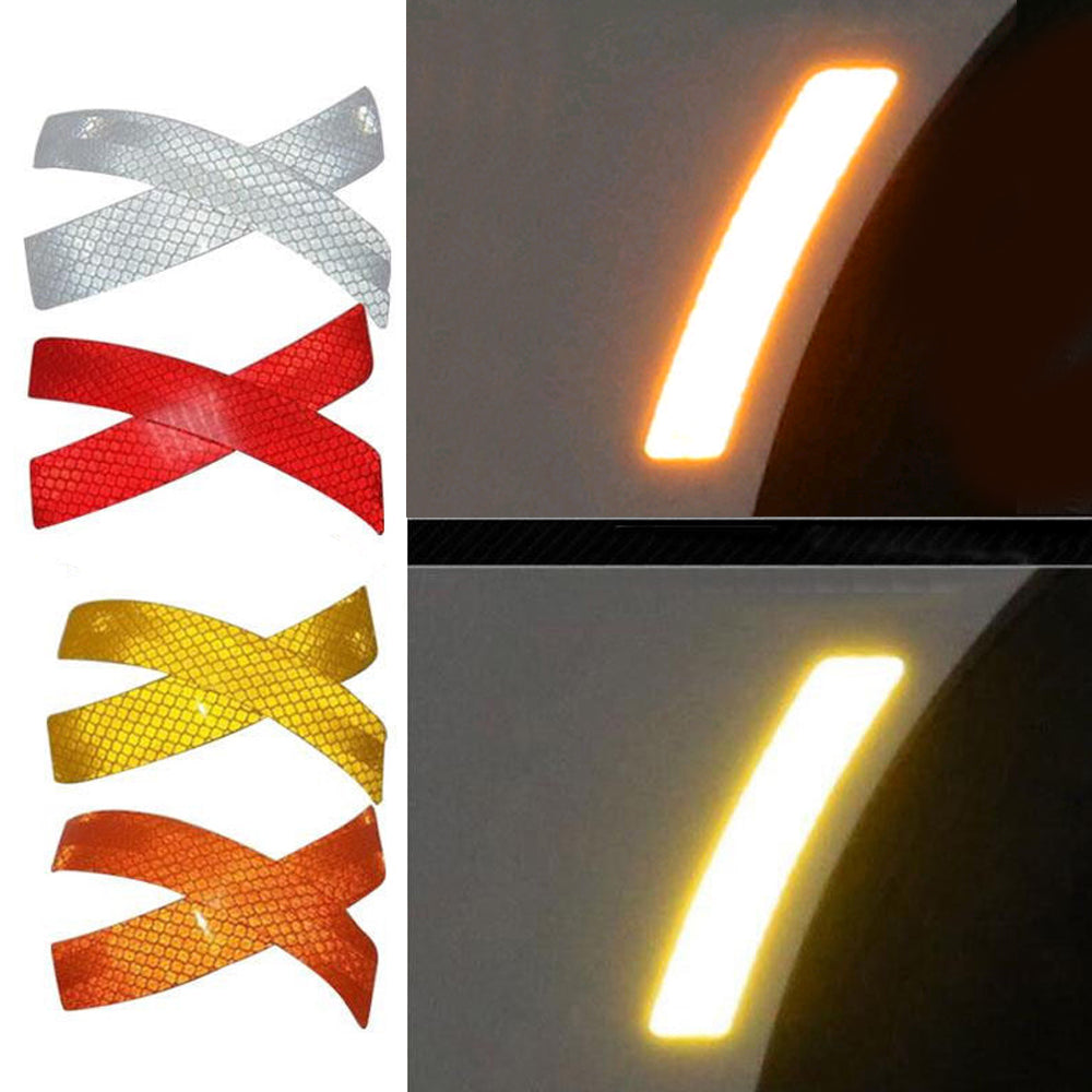 A set of four dual reflective car bumper warning strips in white, red, yellow, and orange.