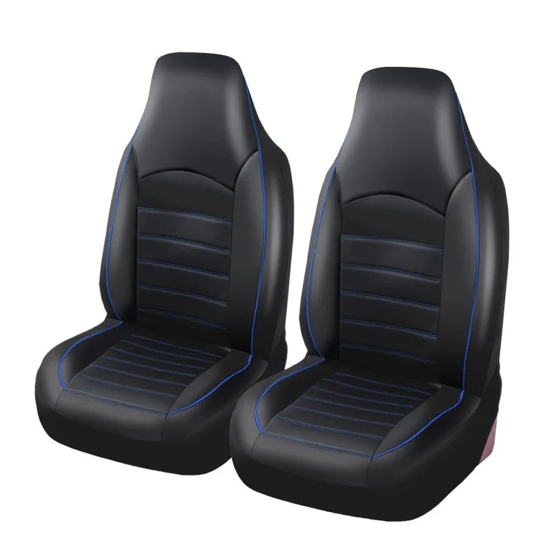 A set of black faux leather car seat covers for front and split bench seats.