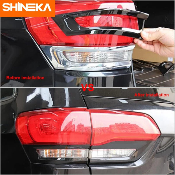 Before and after installation comparison of a car tail light lamp guard trim on a Jeep Grand Cherokee.