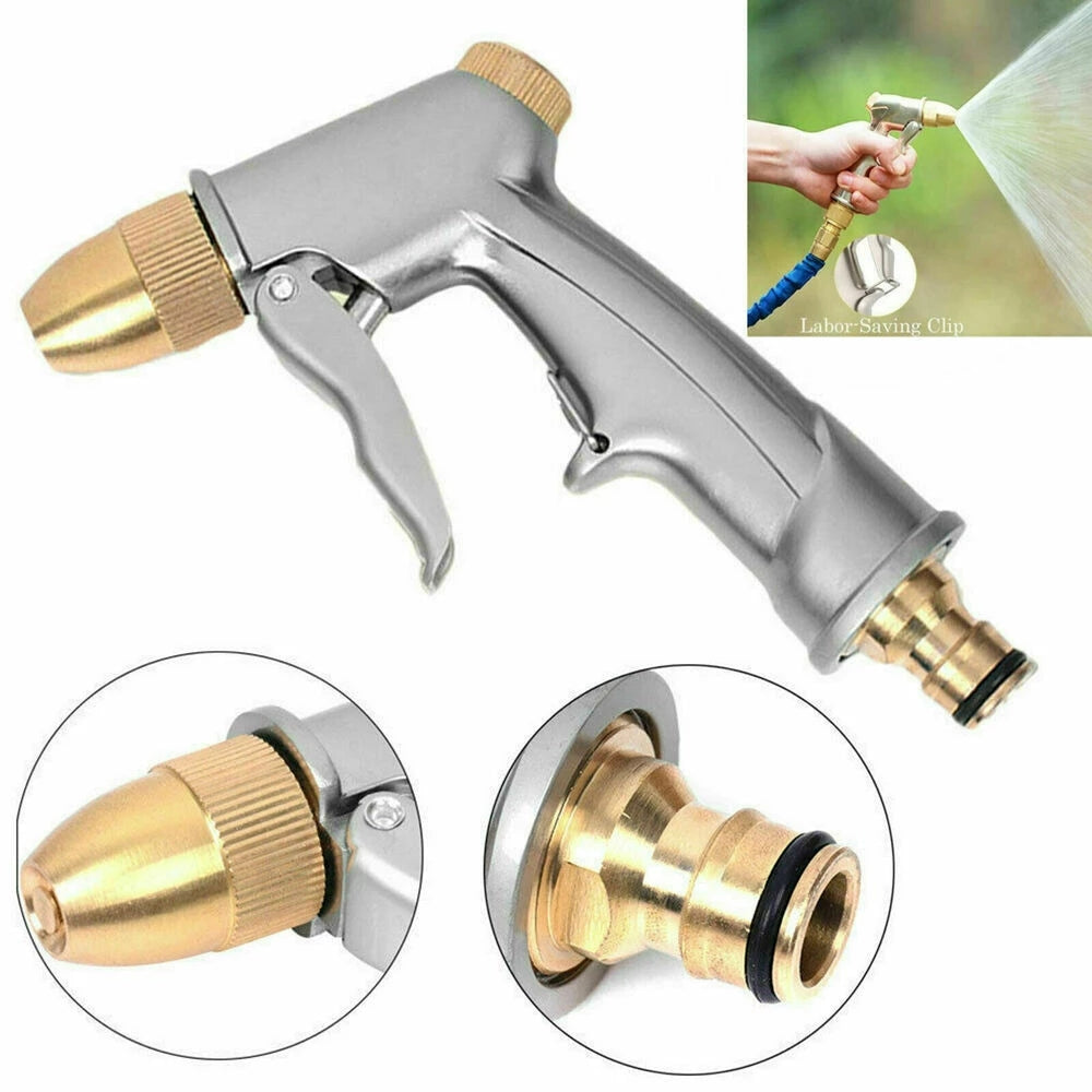 A silver high-pressure adjustable water gun with a brass nozzle and clip shown in various angles.