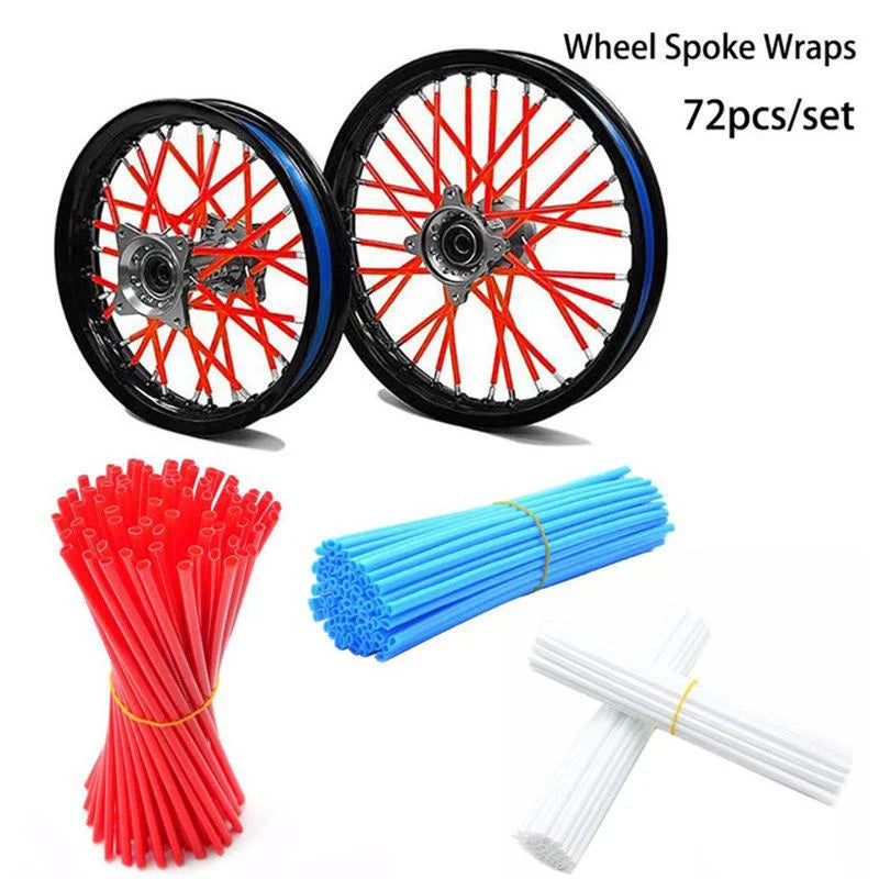 Set of 72 motorcycle wheel spoke wraps including a complete wheel rim and several bundles of red and blue wraps