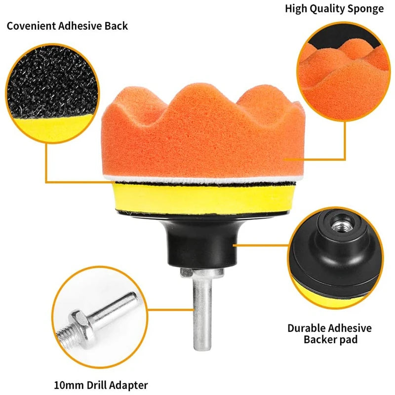 A professional car polishing sponge kit showing an orange sponge, adhesive back, and a 10mm drill adapter.