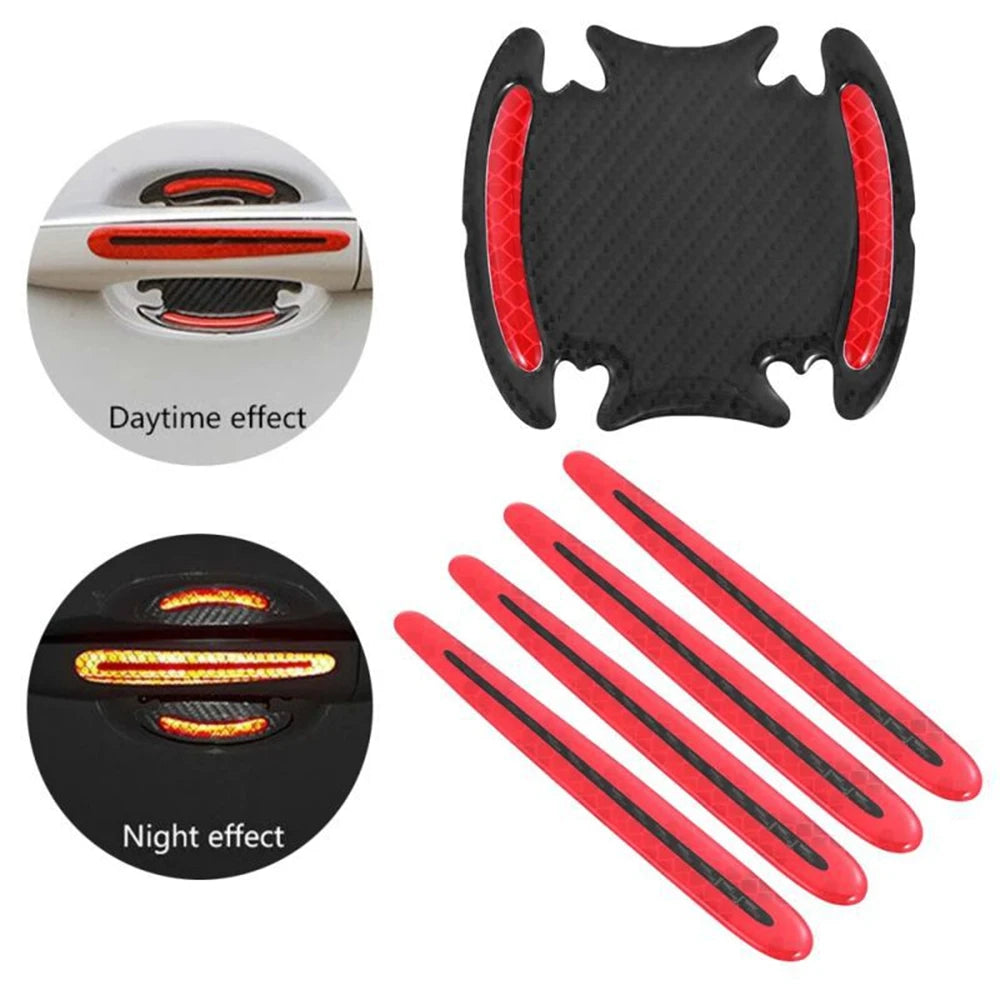 Two stickers showing daytime and night effects on a car door handle, made of 3D carbon fiber.