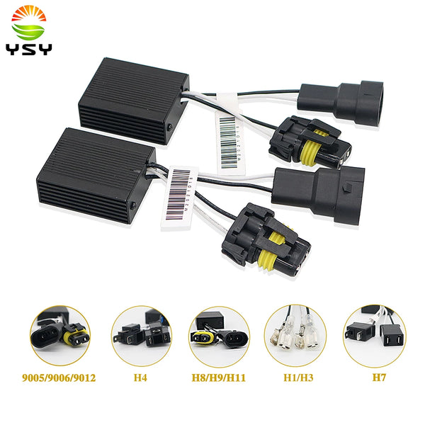 Set of universal LED bulb decoders for car headlights including various connectors and bulbs