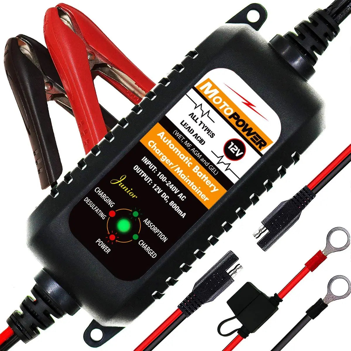 Schwarzer Motorradbatterieladegerät mit roten und schwarzen Kabeln und einer Leistungsanzeige.