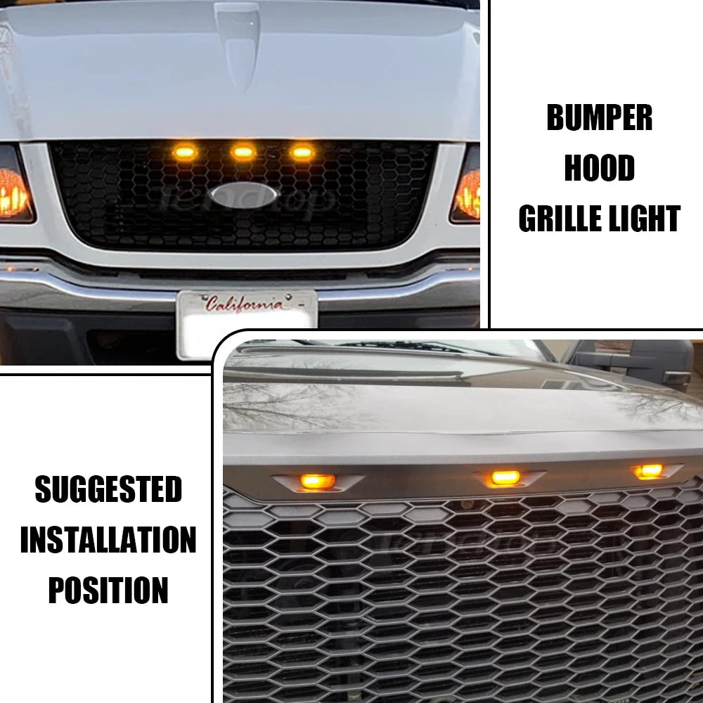 Close-up of a bumper hood grille light kit for a truck, showing the installation position and the illuminated light.