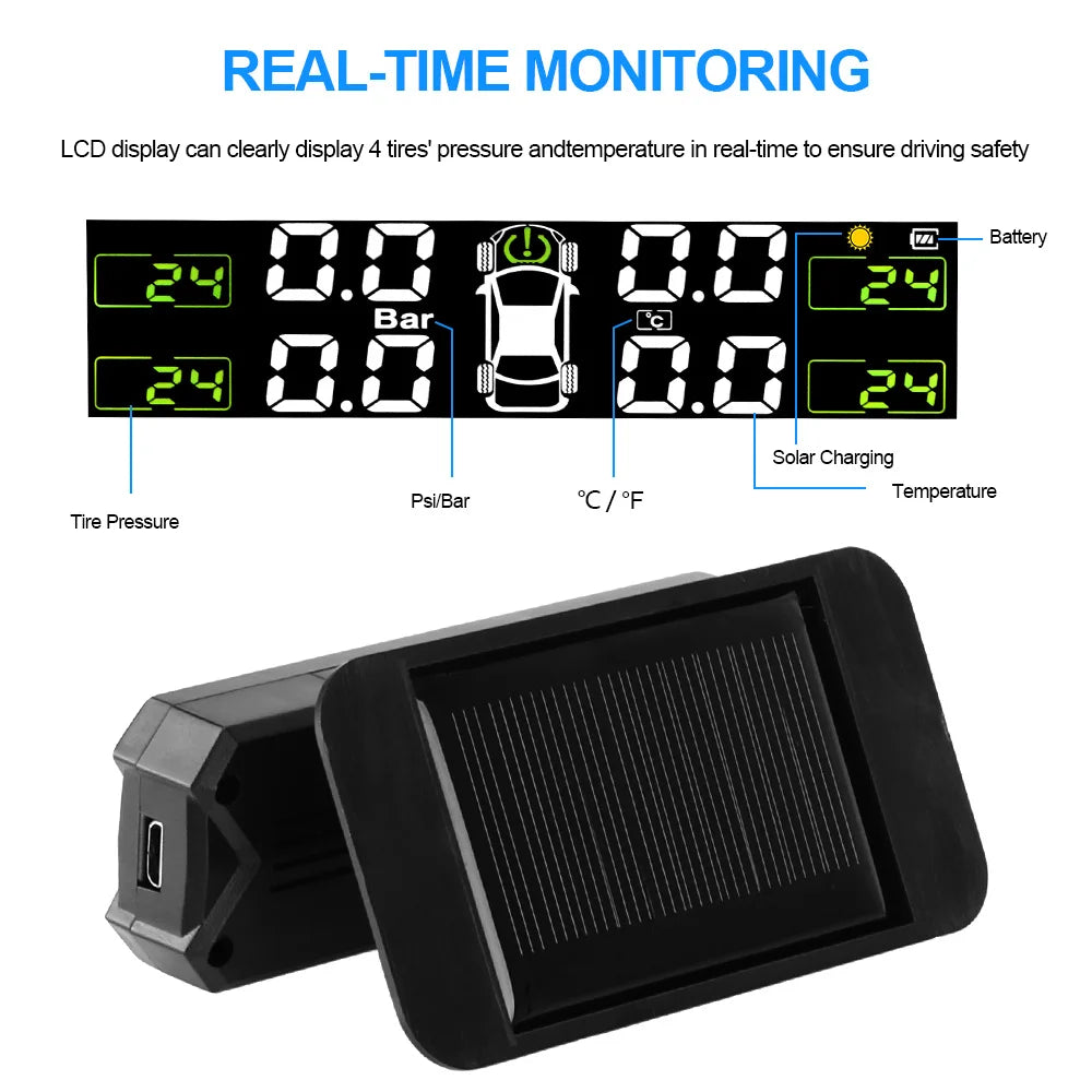 A black portable solar tire pressure monitoring system with an LCD display showing tire pressure, temperature, and battery st
