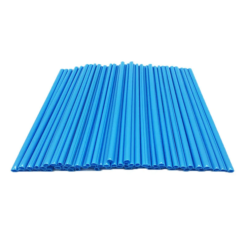 A bundle of bright blue motorcycle wheel rim spoke wrap kits arranged in a row.