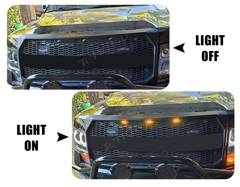 Close-up of a truck front grille with an LED light kit, showing both light on and off states.