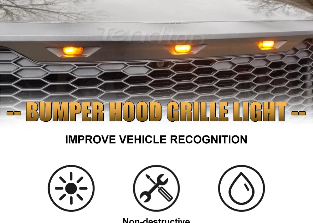Close-up of a bumper hood grille light installed on a vehicle, designed to improve vehicle recognition.